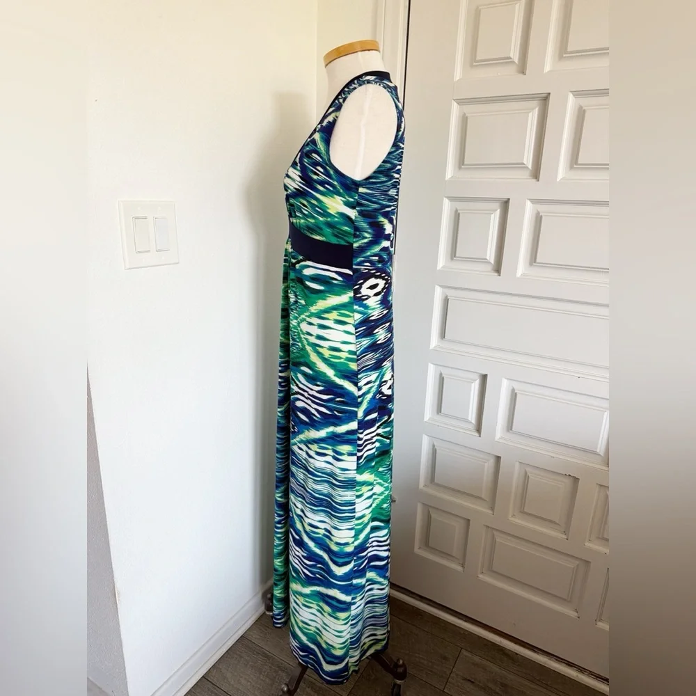 Enfocus Studio Maxi Dress Vibrant Green Blue White V-Neck Sleeveless Size 10